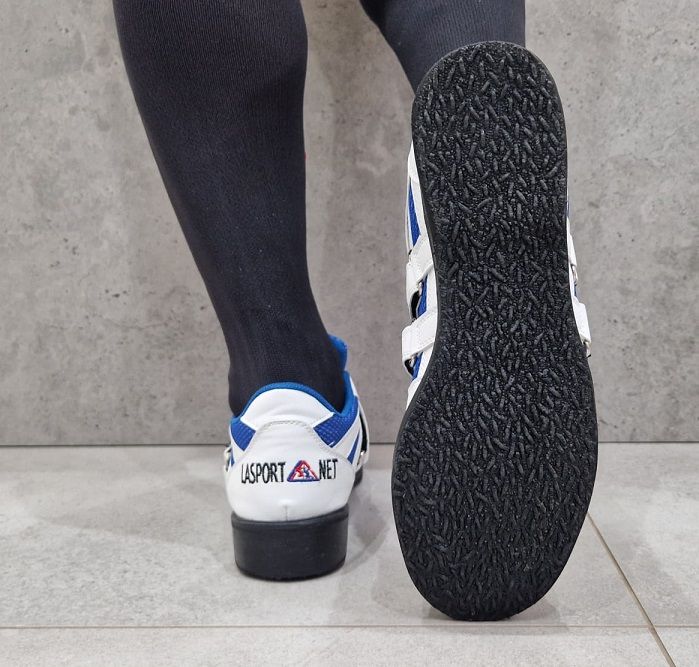 Scarpe da sollevamento pesi La Sport, bianche e blu.