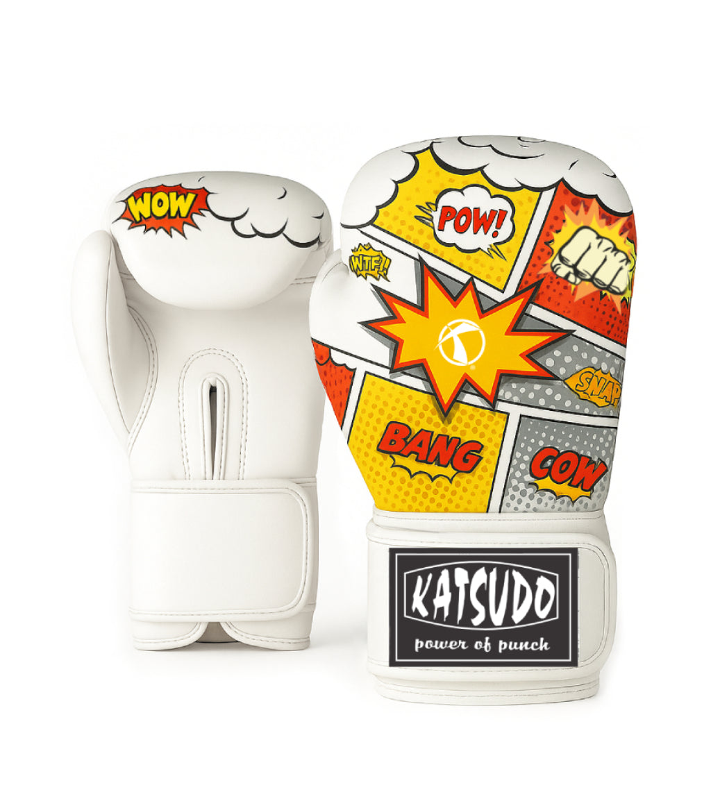 Guanti da boxe in pelle Katsudo CrushX, bianchi con motivo