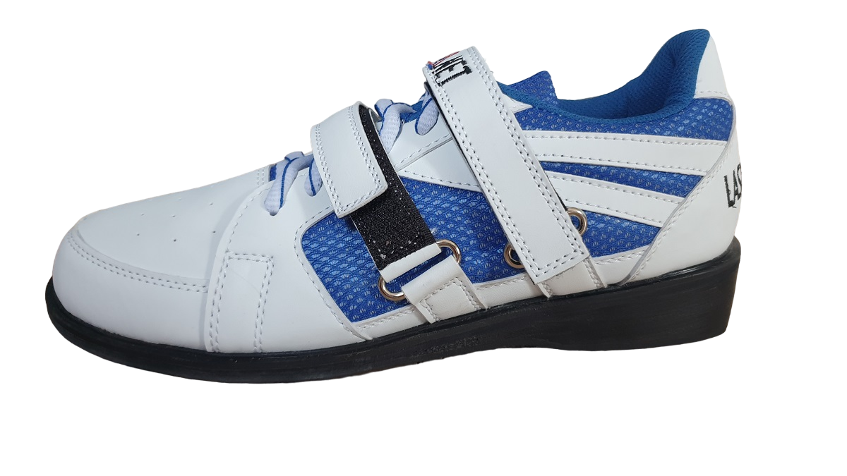 Scarpe da sollevamento pesi La Sport, bianche e blu.
